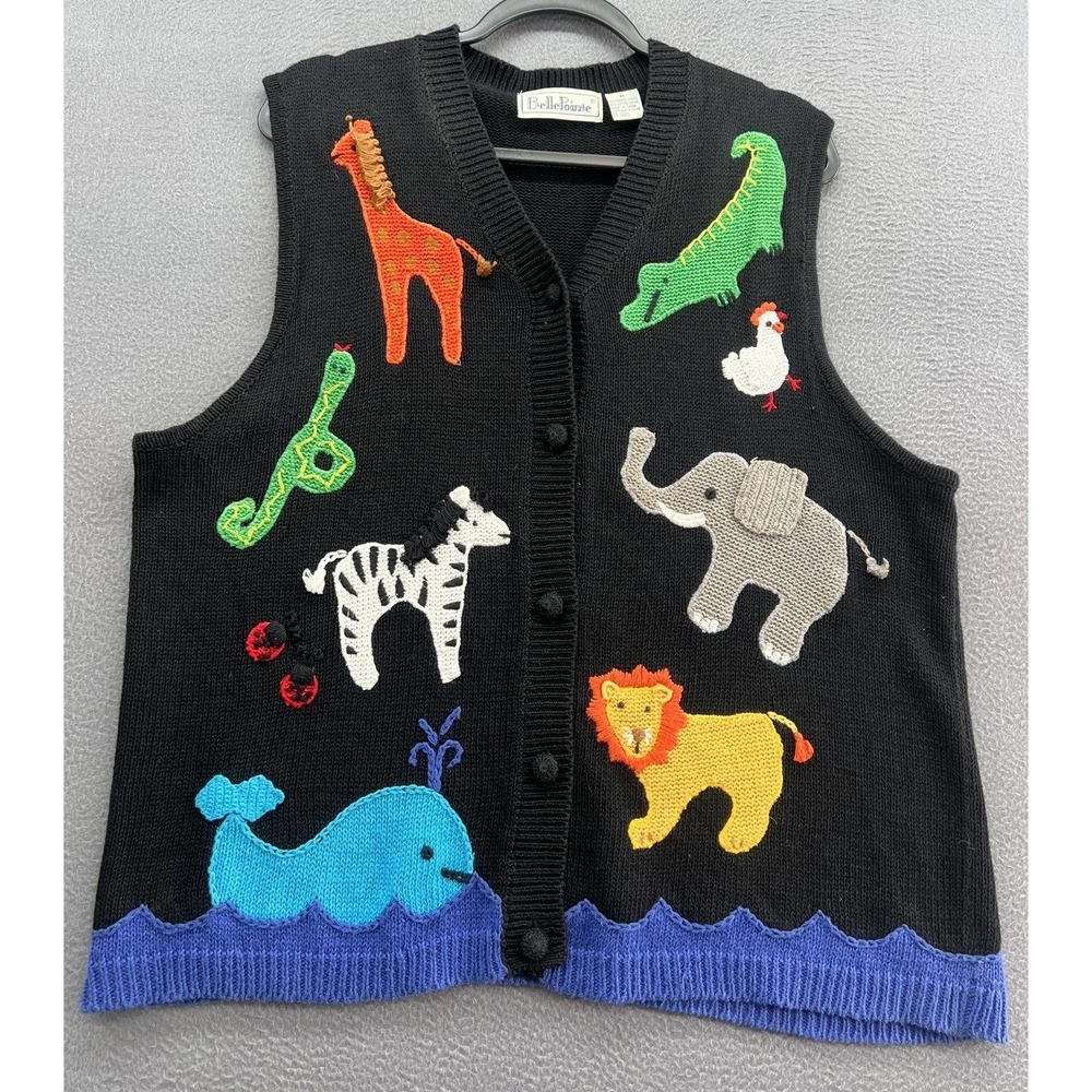 BellePointe Sweater Vest Women's XL Animal Noah's Ark Embroidered Whimsical Zoo